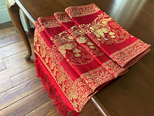 Thai Elephant Table Runner With Fringe - Luxurious Bed Scarf - Polyester Embroidered Gold Brocade - Small - 76X9 Inches (Strawberry Red) #TOP6