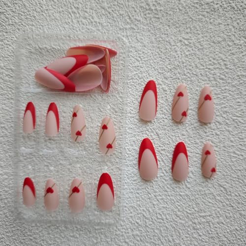 Image of Red French Tip Press On Nails Heart False Nails Medium Almond Glossy Acrylic Full Cover Nude Pink Stick On Nails for Women Manicure