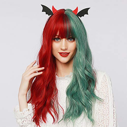Perruque cosplay rouge et verte avec frange pour femme | Cheveux longs bouclés synthétiques 66cm