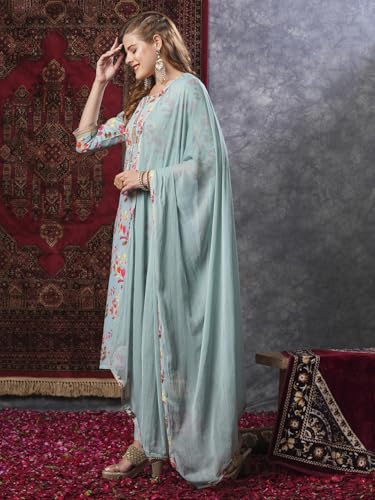 Image of GoSriKi Women's Cotton Blend Printed Straight Kurta and Pant with Dupatta Set