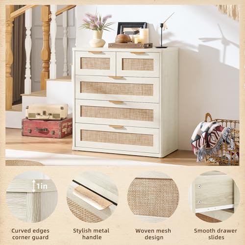 Image of LEYAOYAO White Dresser for Bedroom, 33.5 inch Tall Chest of Drawers, Modern 5 Drawers Boho Rattan Dressers with Storage, Dresser Wooden Closet Organizer for Living Room, Hallway