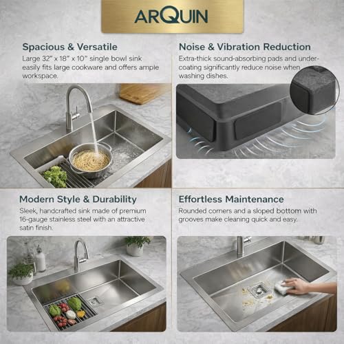 Image of ARQUIN Kitchen Sink 32x20x10 Inch Handmade MATT Finish Single Bowl Heavy Grade Stainless Steel Kitchen Sink /Basin For Kitchen With Square Drainer and SS Fruit Basket
