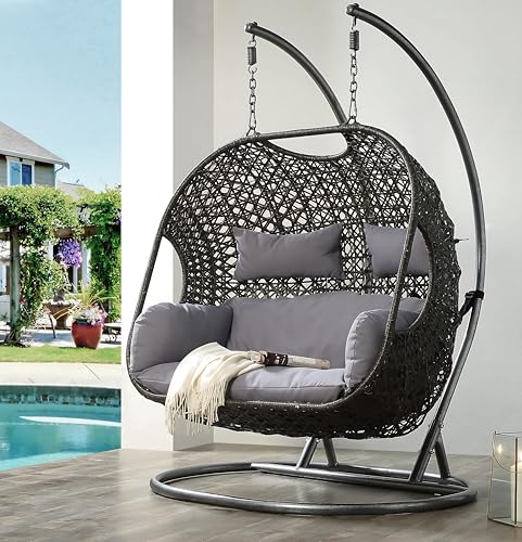 Image of Outdoor Swing for Balcony and Garden Two Seater with Stand & Cushion | Patio Hammock Jhula for Adults | Rattan and Wicker Swing Chair