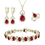 LMXXVJ Creatd Red Garnet Jewelry Sets 18k Yellow Gold Plated Earring and Necklace Set Open Ring Bracelet Jewelry Gifts for Mom/Wife/Sister/Best Friend