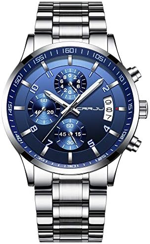 CRRJU Men's Luxury Wristwatches,Fashion Stainsteel Steel Waterproof Date Quartz Watch for Men Six-pin Chronograph Watch (Silver Blue)