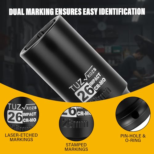 Image of 1 /2 Inch Drive 26mm Deep Metric Impact Socket,CR-MO,6 Point Radius Corner Design,Square Chamfered Opening,Axle Nut Impact Grade Socket for Easy Removal