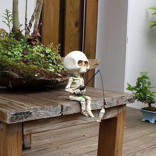 CHENRI Fishing Skeleton Garden Accessory, Angeln Skelett Statue Halloween Dekorationen, Kreative Ornamente, Halloween Mini Skelett Figuren Statue Dekor, Angeln Skelett Garten Zubehör für Garten Teich – Bild 4