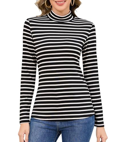 Jiuday Thermoshirt Damen Langarm Basic Langarmshirt Stehkragen Thermo Oberteil Winter Funktionsshirt Fleece Pullover Elegant Slim Fit Innenfleece Thermohemd (Stehkragen-Schwarz und Weiß Gestreift,S)