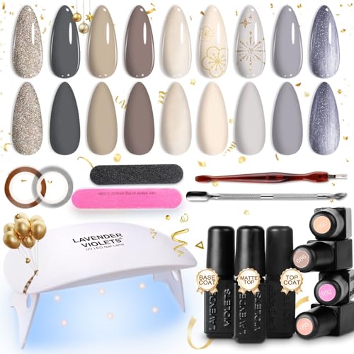 Lavender Violets 9 Colors Gel Nail Polish Kit with UV Light Soak Off UV/LED Starter Manicure Set White Gray Series for Professional Salon Nail Art R650