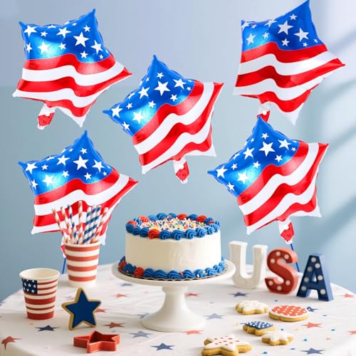 Image of 24 Pcs 4th of July Balloons,American Flag Balloon,Patriotic Party Decorations,18 inch Red White Blue Star Foil Balloon for Independence Day Memorial Day Party Supplies (American Flag Star)