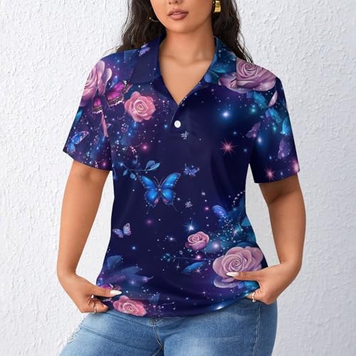 Polo de manga corta para mujer transpirable de ocio con estampado de rosas 2