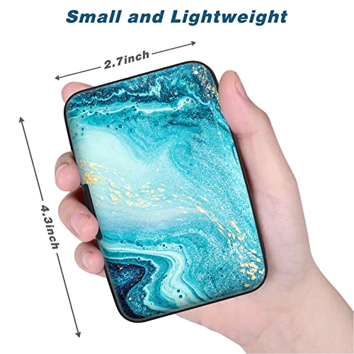 Image of Credit Card Holder, Mini Aluminum Card Wallet RFID Blocking Slim Metal Hard Card Case for Women Men, Blue Ocean Marble