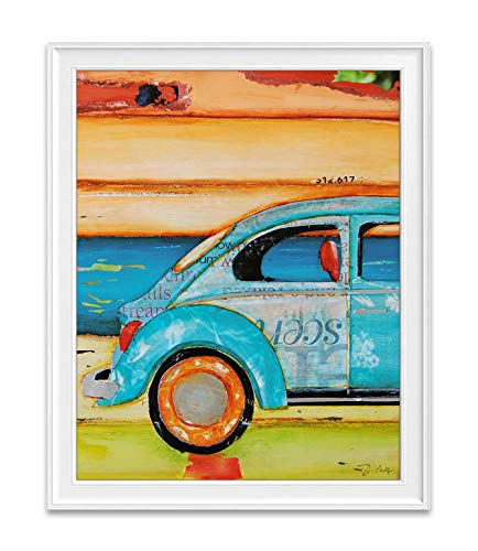 Just Roll With It, Danny Phillips Art Print, Unframed, Vintage Antique Retro Classic Car Automobile Art, Coastal Beach Nautical Mixed Media Art Wall and Home Decor Poster, 8x10 Inches