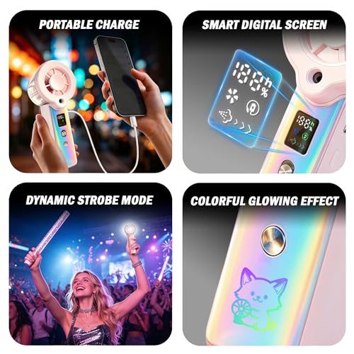 Portable Misting Fan, Handheld Rechargeable Fan with Water Mist, Personal Mini Turbo Fan with 1-100 High Speeds (20000 RPM), LED Light for Music Festival, Summer Trip Must-Haves, Holographic Pink — view 5