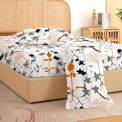 Image of Story@Home King Size Air Cotton Fitted Bedsheet 240 TC Fitted Sheet with 2 Pillow Covers, Soft & Durable Bed Sheet for King Bed (182 x 198 cm, Floral Print, White)