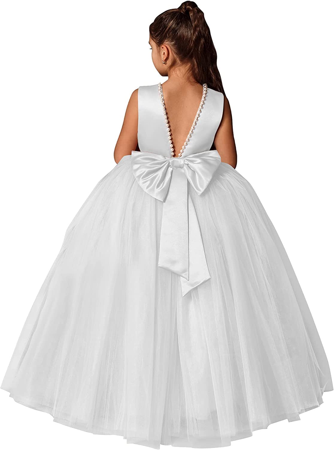 Fuomomo Satin Tulle Flower Girl Dress Pageant Party Prom Formal Ball Gown Princess Puffy Tulle Dresses with Bow White