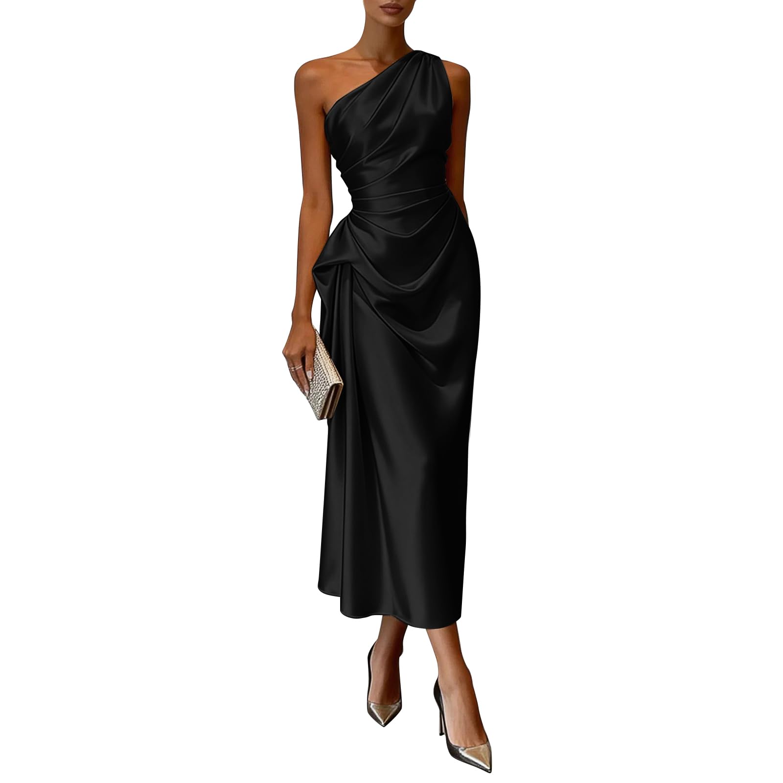 Generisch Abendkleider Elegant Für Hochzeit Ballkleider Damen Lang One Shoulder Kleid Hochzeitsgast Damen Curvy Cocktailkleid Plissee Festliche Kleider Sommer Partykleid Satin Maxikleider