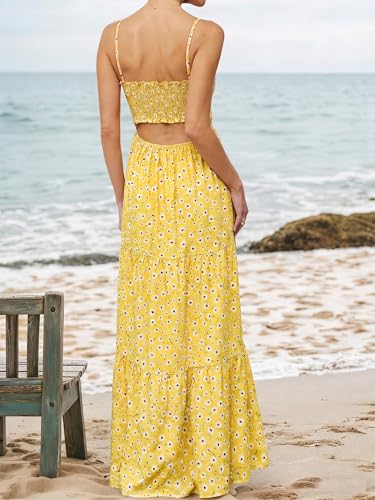 Image of Womens Summer Floral Spaghetti Strap Backless Low Cut Smocked Milkmaid Flowy Beach Sundresses