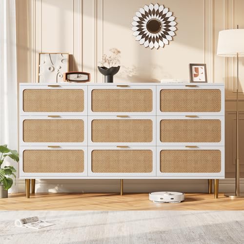 GarveeHome Rattan 9 Drawer Dressers for Bedroom, Tall Dresser with Deep Drawers, Large Chest of Drawers for Closet with Wide Top, Long Wooden Dresser