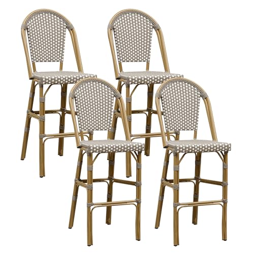 Image of PURPLE LEAF French Bar Stool Set of 4 Bamboo Print Finish Patio Bar Stools with Back Wicker Bar Height Stool 30 inch with Footrest Kitchen Island Stools Outdoor Barstool Grey