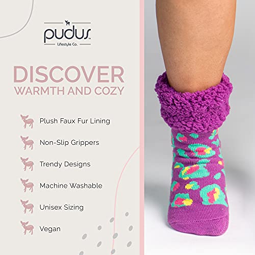 Image of Pudus Cozy Winter Slipper Socks Women & Men w Non-Slip Grippers Faux Fur Sherpa