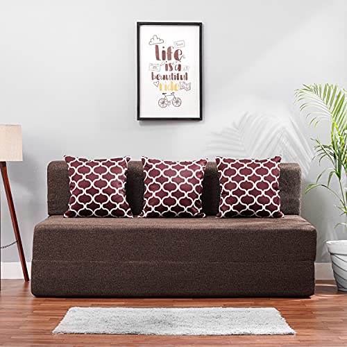 Image of Convertible Fabric Sofa Cum Bed | Foldable Double Foam & Washable Cover with Cushions | Modern Design Use Living Room & Guest Room (Coffee-Multi-Oval, 5X6 Ft)