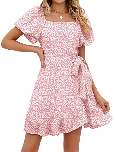 Image of Sampeel Womens Summer Dresses Square Neck Puff Sleeve Tie Waist Short Dress