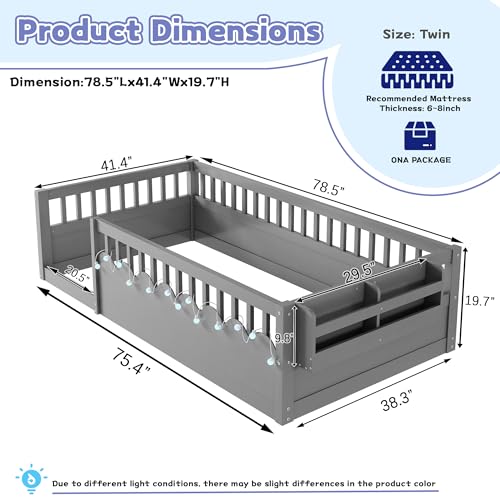 Twin Size Montesori Floor Bed for Kids, Floor Bed with High Fence Rails, Wood Playhouse Beds with No Slats for Baby Boys Girls Teens, Gray