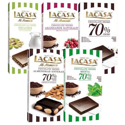 Pack Lacasa 5 deliciosas tabletas de chocolate de distintos sabores y tamaños: arandanos ,leche pistacho 90g ,negro , menta , almendra 200g