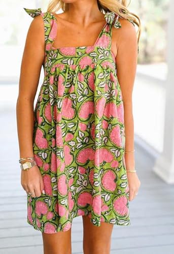 Image of Women Floral Tie Shoulder Mini Dress Cute Square Neck Loose Fit Beach Short Dress Backless Boho Vocation Sundress