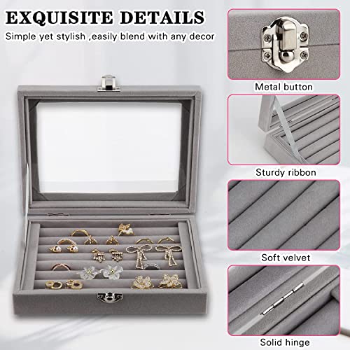 Image of BucketList Women's Velvet Glass Ring Earrings Jewelry Box - Display Storage Showcase Holder Organizer (Ring Box Grey)