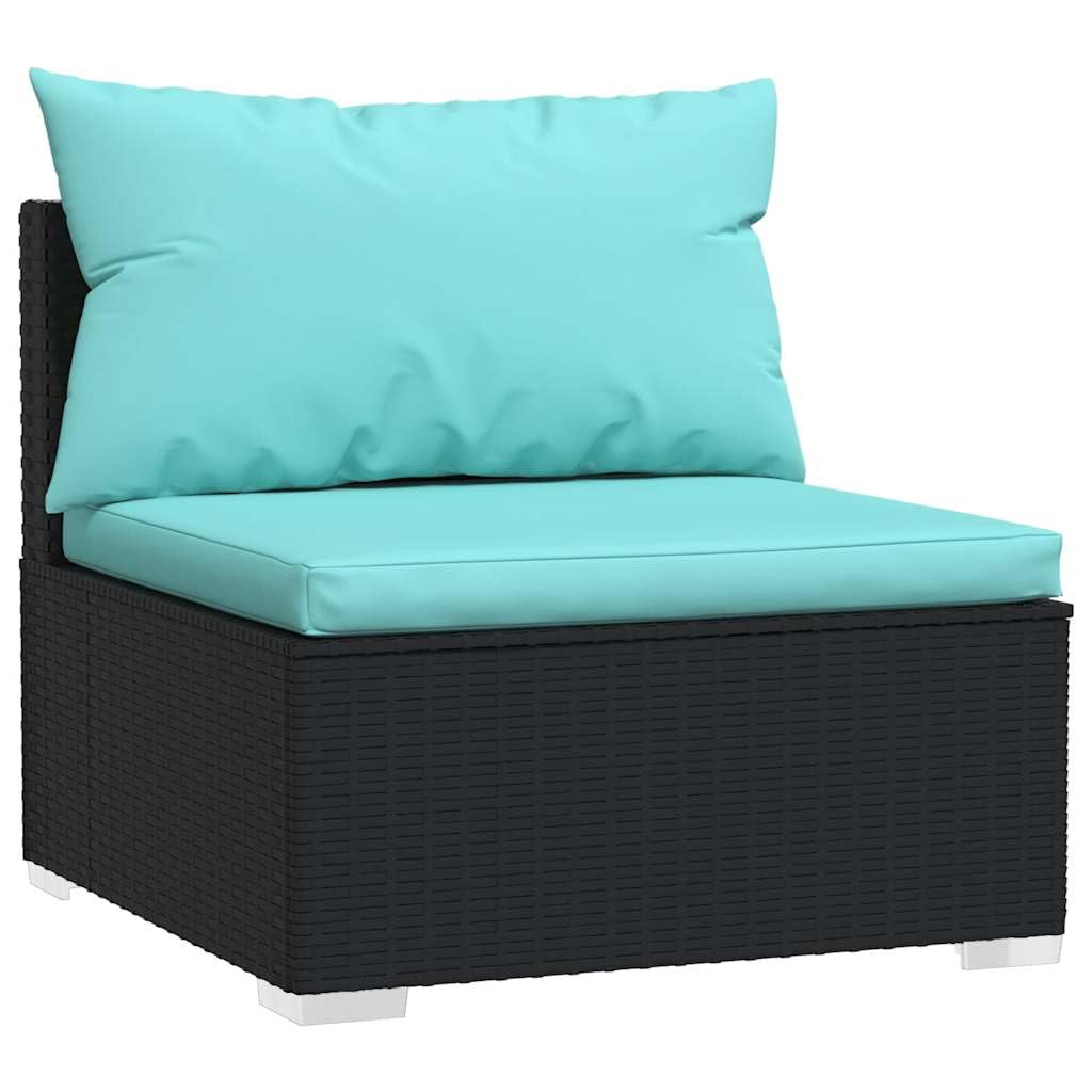 Set Salotto da Giardino 4 Pezzi in Rattan PE Nero | Modulari componibili con soffici cuscini blu acqua per momenti di relax in terrazzo patio o veranda.