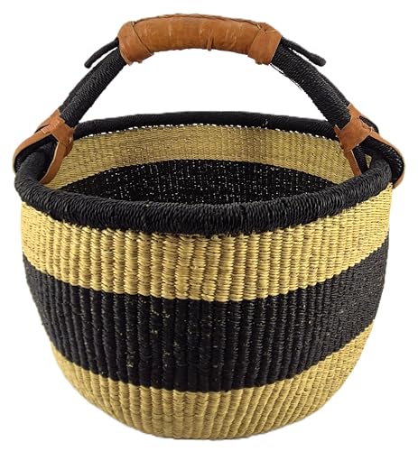 Großer Bolga Rundkorb ca Ø 40 x 40 cm – Original aus Ghana – Handgefertigt – Fair Trade – Einkaufskorb mit Ledergriff Schwarz-Natur
