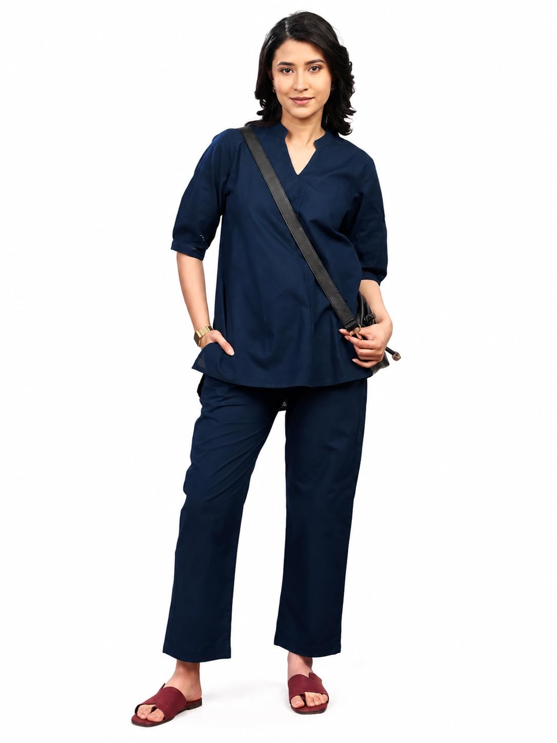 Women's Navy Blue Solid Cotton Co-Ord Set with Straight Pants.-picture-31