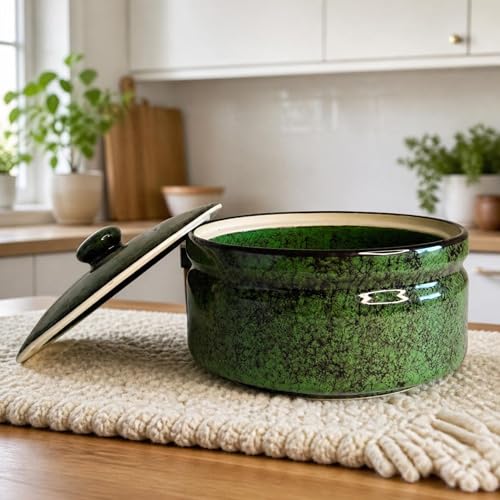 Image of Handcrafted Ceramic Casserole with Lid Artisan Hotpot Dark Forest Speckle 900 ml Serving & Storage Microwave & Dishwasher Safe
