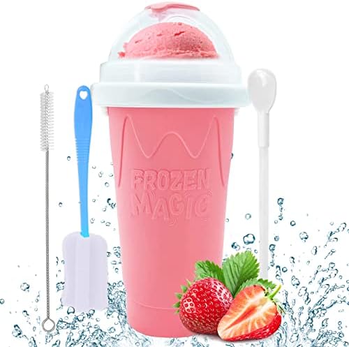 Slushy Cup – Tik Tok Magic Quick Frozen Smoothie Cup, Double Layer DIY Homemade Slushy Maker Cup, Food Grade Silicone Slushie Maker Cup with Spoon & Cleaning Brush for Kids, Birthday Gift – Pink