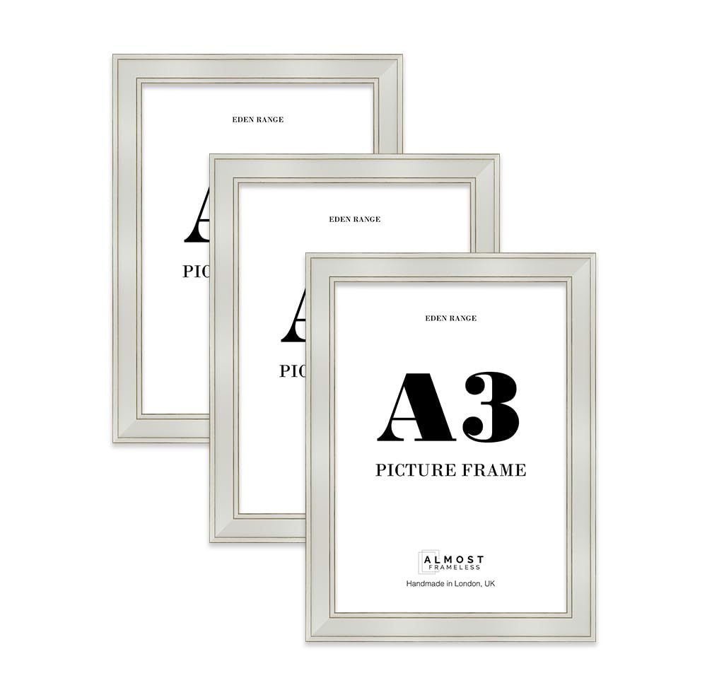 A3 Light Grey Picture Frame - Shabby Chic Photo Frame with Distressed Finish, Gold Trim, Wall Hooks, 37mm Edge - 3 Pack