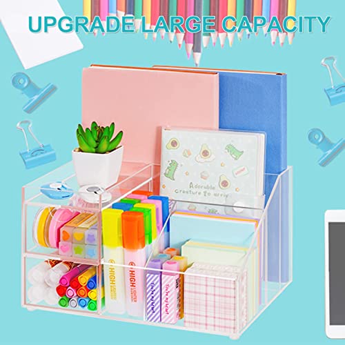 VITVITI Acrylic Desk Organizer, Clear Pencil Organizer for Desk, Multifunctional Desktop Stationary Pen Organizer, 8 Compartment Storage with Drawer, for Office/A4 Paper/Art Supply