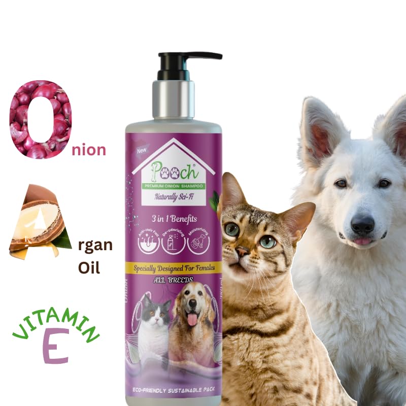 POOCH Premium Onion Female Pet Shampoo| Naturally Sci-Fi 3 in 1-400ml| for Anti-Hair Fall, Anti-Itching, Moisturizing| Natural Extract of Onion| Soothing Relief, Hydration Hero, Pack of 2 1