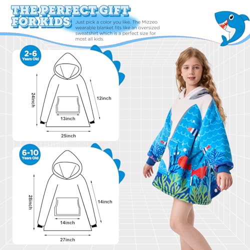 MIZZEO Kids Wearable Blanket Hoodie, Oversized Sherpa Wearable Blanket with Hood Pocket and Sleeves for Toddlers, Cute Hoodies 6-10 Year Old Girls Youth Birthday Gifts (shark)