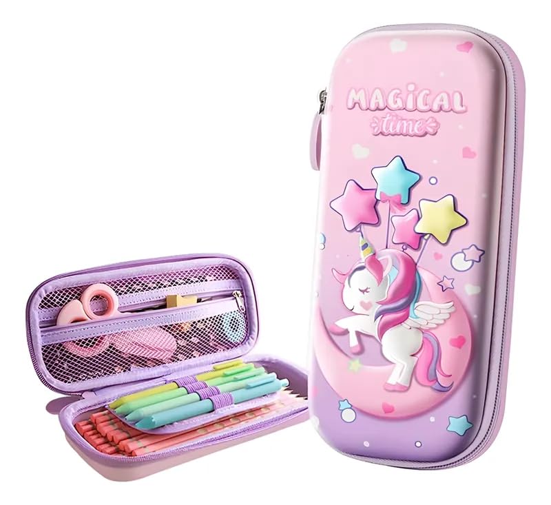 Estojo Infantil Unicórnio 3D Para Escola Organizadora com Compartimentos Lápis Caneta Material Escolar Rosa Para Maninas