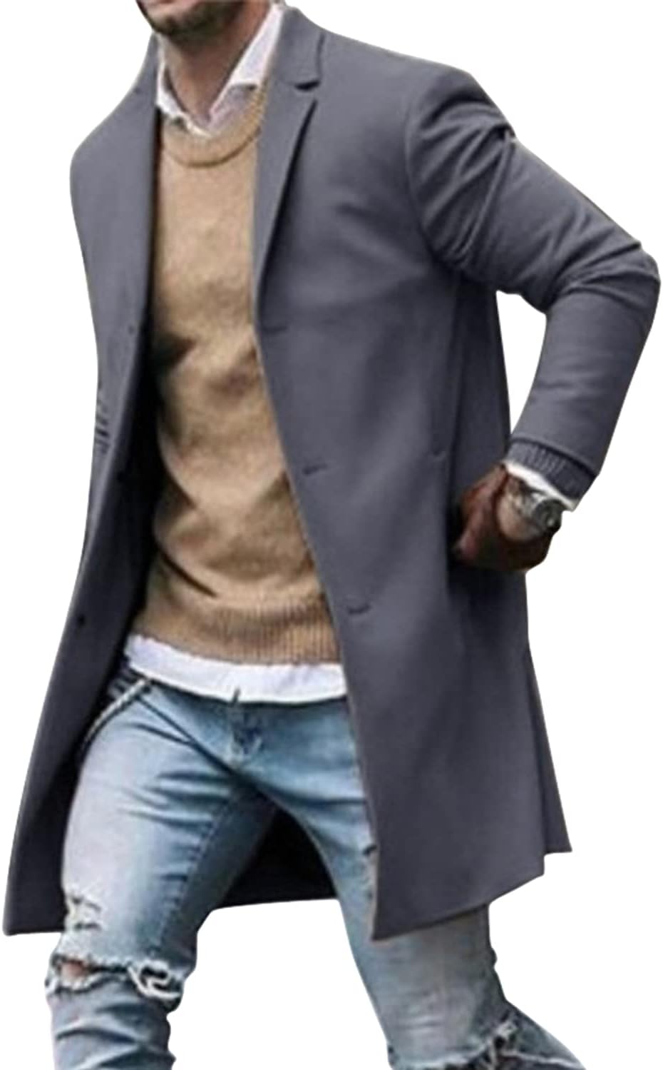 chouyatou Men's Classic Notched Collar Business Top Coat Slim Fit Wool Mid-Length Trench Pea Coat