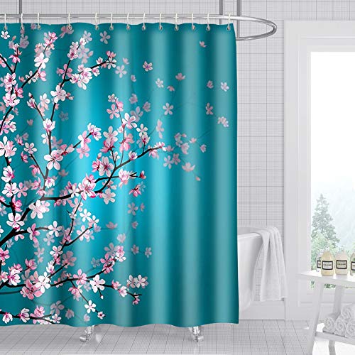 ZeplaAnn Cherry Blossom Shower Curtain, Sakura Floral Fabric Bathroom Curtains Set with Hooks, Plum Blossom Bathroom Decor 72" X 72", Turquoise Teal