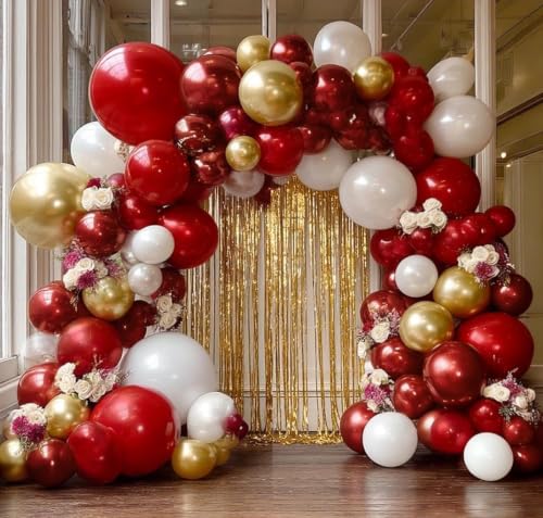Image of Red White Gold Balloon Arch Double Stuffed Burgundy Red Gold Pearl White Balloon Garland Kit Wine Latex Balloons for Mother's Day Birthday Wedding Engagement Graudation Party Decorations