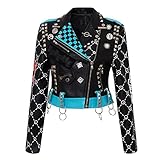 hebinon Damen Motorrad Faux PU Lederjacke Graffiti Nieten Punk Biker Moto Reißverschluss Bunter Druck Kurzer Revers Mantel Mit Gürtel Outfit Coole Streetwear Plus Größe,Schwarz,M