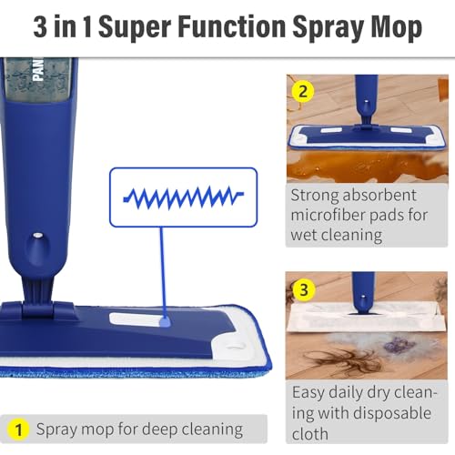 Mop for Multi-Purpose Floor Premium Spray Mop, 18 inch Professional Hardwood Wet and Dry Cleaning Mops with 3 Resuable Pads and Refilled Bottle, Blue by Panda Grip - Image 4