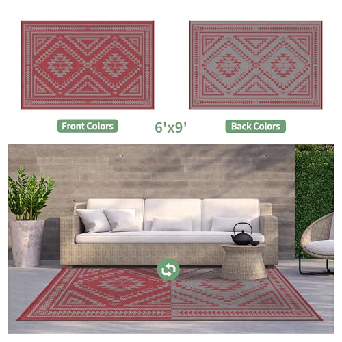 Image of GENIMO Outdoor Rug, Waterproof Plastic Rugs for Patio, 6'x9' Mist Red