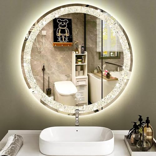 Image of ALFA Design 24x24 Inch Round Crush Diamond LED Mirror | Wall Mounted with Touch Sensor, 3 Light Modes Natural, Warm & Cold White | Wall Decor for Living Room, Entryway, Washroom | 1-Year Warranty