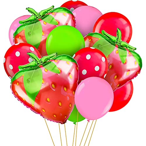 33 Pieces Strawberry Balloons Polka Dots Latex Foil Balloons Shortcake Party Decorations for Girl Sweet One 1st Birthday