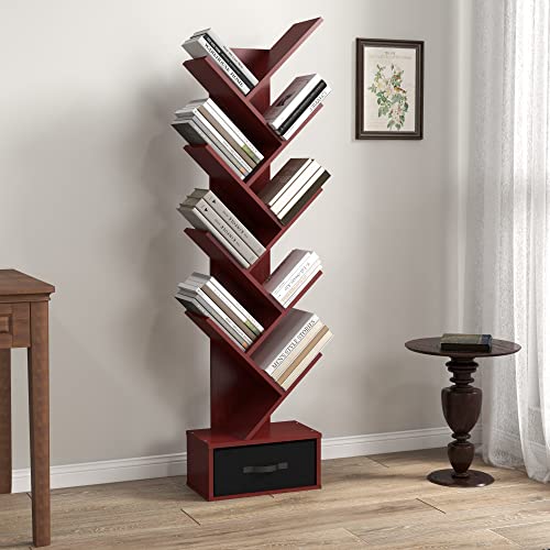 Panana Tree Bookshelf With Drawer, 8-Tier Wooden Storage Rack Wisdom Tree Book Holder Bookshelves Organizer For Living Room, Bedroom, Home Office (Cherry) #TOP6